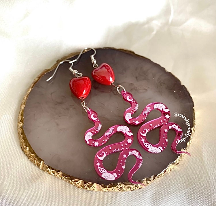 Cool quirky large statement pink acrylic snake earrings with ceramic red heart handmade drop dangle silver plated earrings