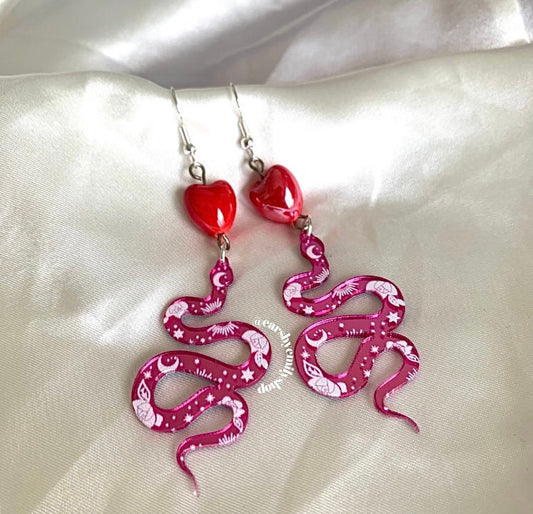 Cool quirky large statement pink acrylic snake earrings with ceramic red heart handmade drop dangle silver plated earrings