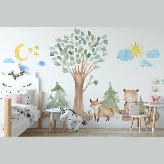 Woodland Watercolour Oak Pine Tree Decal with Animals - Bear, Fox, Raccoon, Rabbit, Squirrel, Porcupine