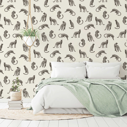 Leopards on Light Cream Background Removable Wallpaper | Self-Adhesive Fabric | Peel & Stick | Tropical Animal Wall Covering