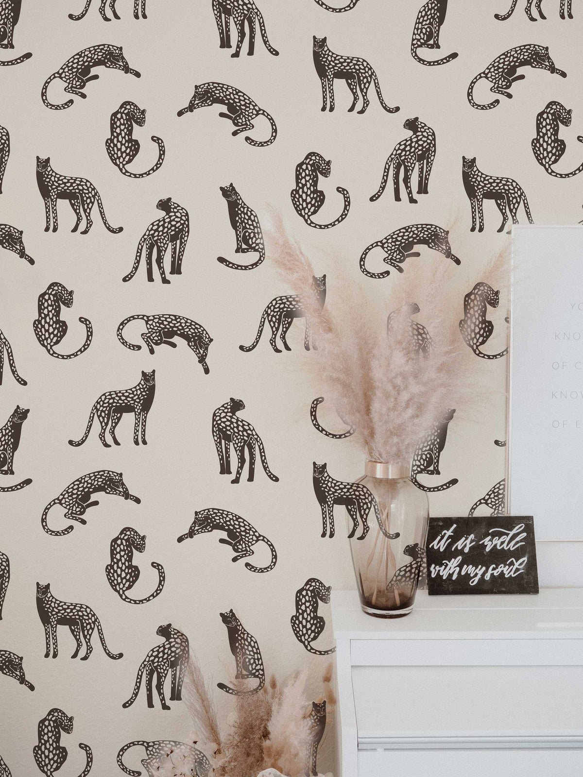 Leopards on Light Cream Background Wallpaper | Tropical Animal Wall Covering | Peel and Stick or Traditional