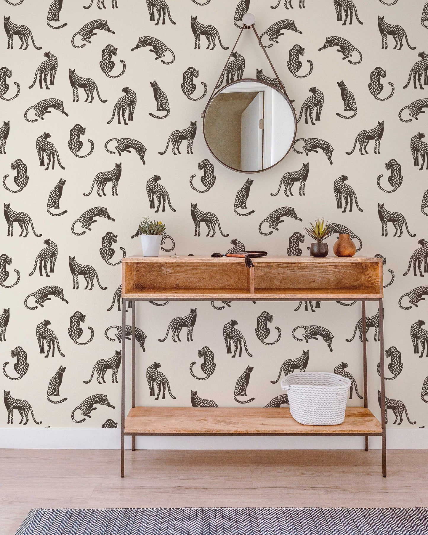 Leopards on Light Cream Background Removable Wallpaper | Self-Adhesive Fabric | Peel & Stick | Tropical Animal Wall Covering