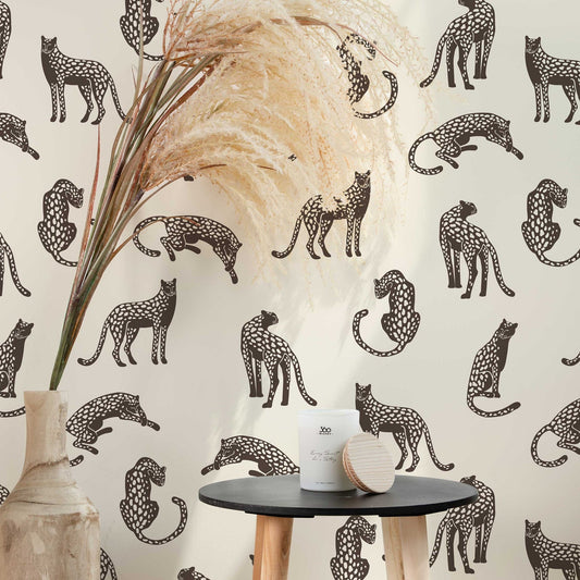 Leopards on Light Cream Background Wallpaper | Tropical Animal Wall Covering | Peel and Stick or Traditional