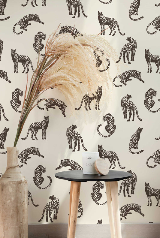 Leopards on Light Cream Background Wallpaper | Tropical Animal Wall Covering | Peel and Stick or Traditional