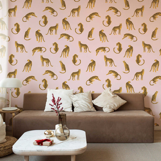 Leopards on Pink Background Removable Wallpaper | Self-Adhesive Fabric | Peel & Stick | Tropical Animal Wall Covering