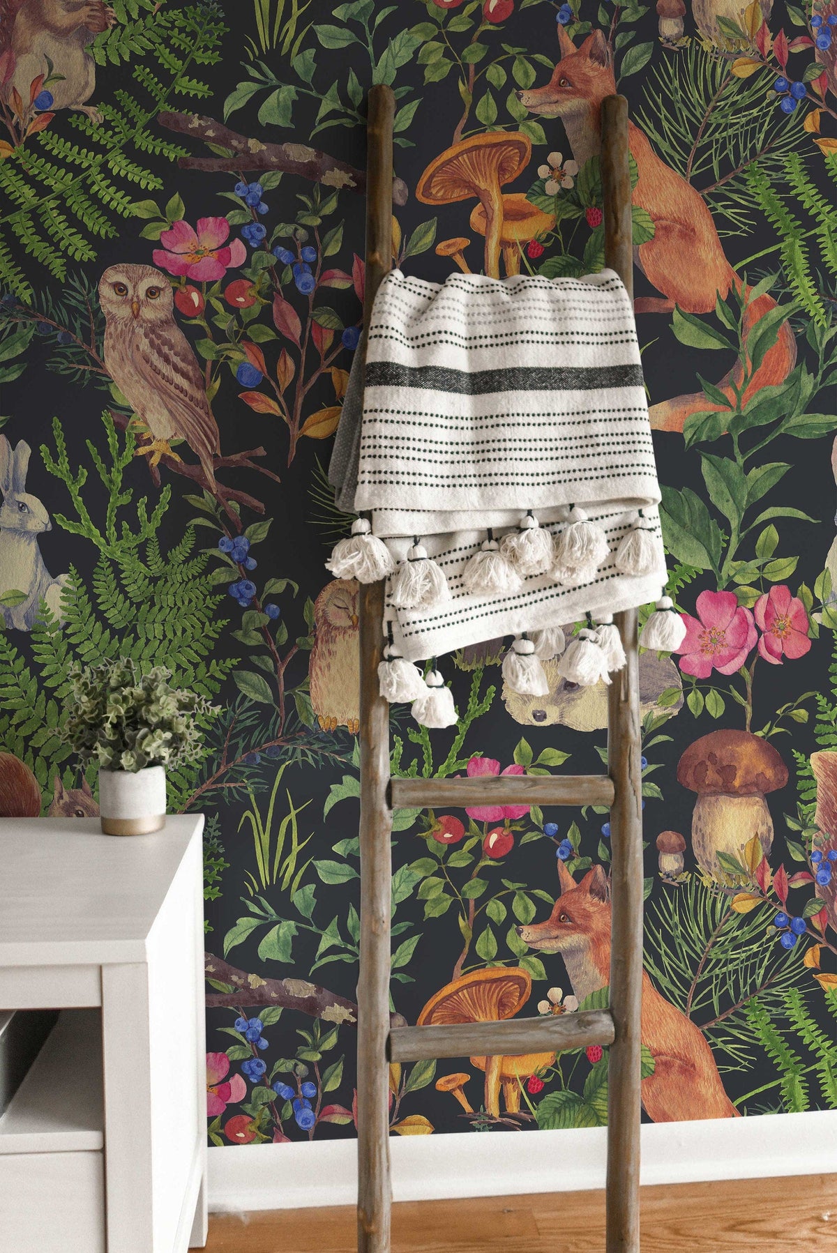 Watercolour Forest Animals and Plants Wallpaper | Woodland Cute Animals Design | Peel and Stick or Traditional