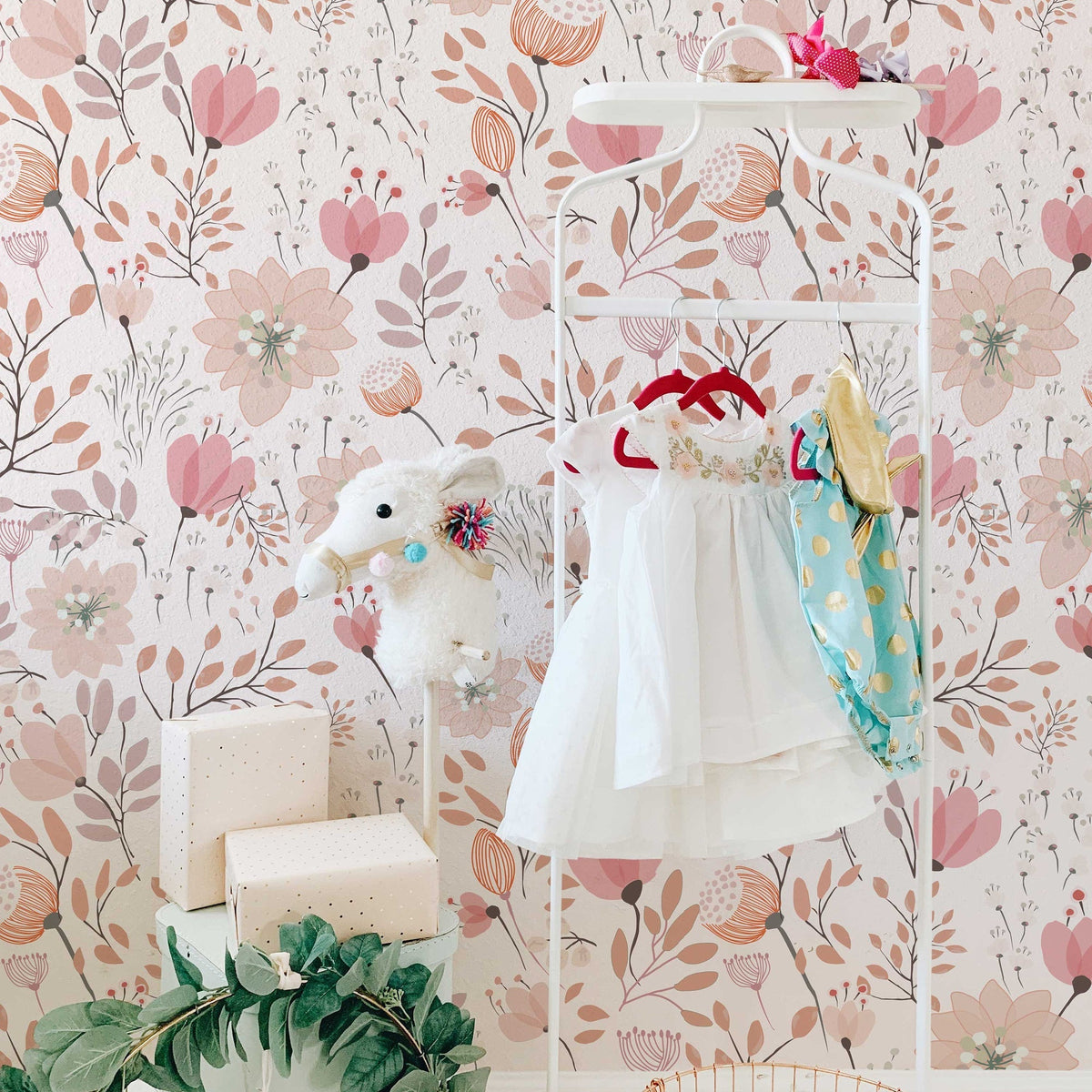 Nursery Floral Wallpaper | Kids Soft Garden Flowers Wall Mural | Peel and Stick or Traditional