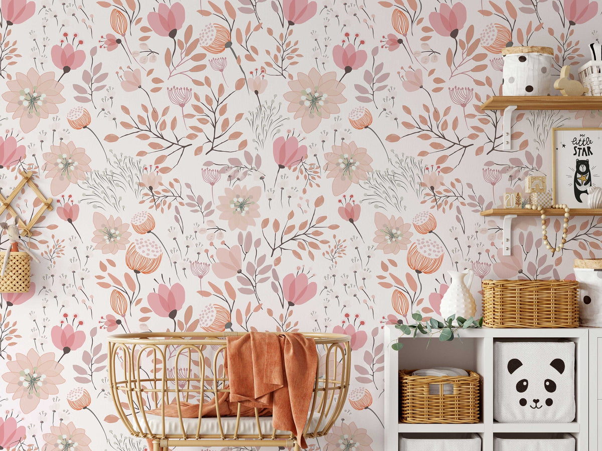 Nursery Floral Wallpaper | Kids Soft Garden Flowers Wall Mural | Peel and Stick or Traditional