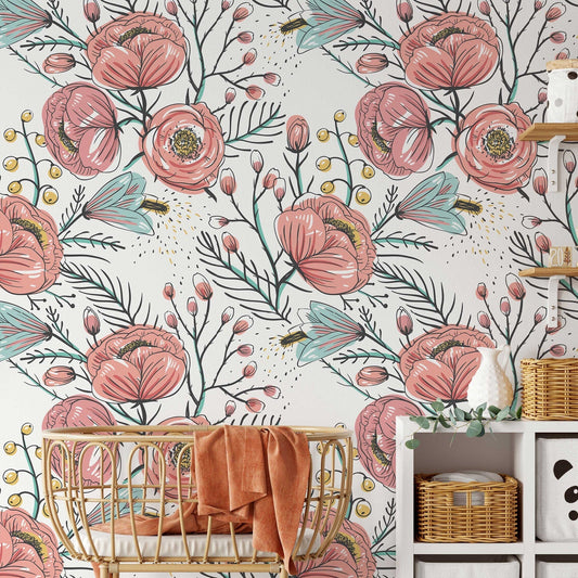 Anemone Fall Wallpaper | Floral Wall Mural | Poppy Flowers Wallpaper | Pink Wall Covering | Peel and Stick or Traditional