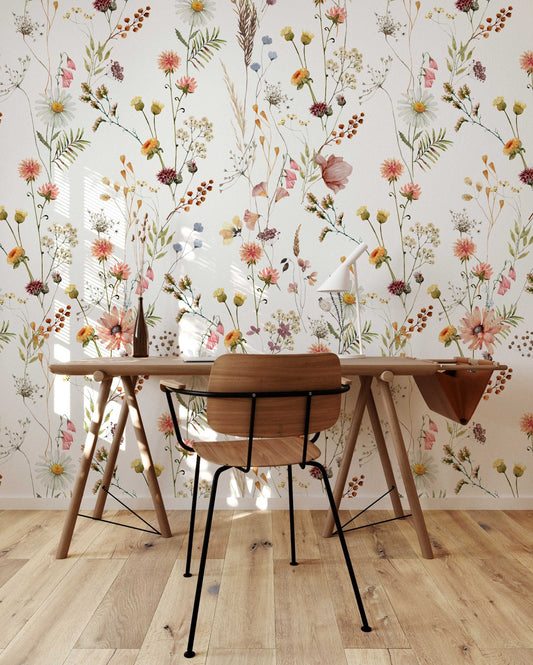 Watercolour Wild Flower Wallpaper | Soft Botanical Field Floral Wall Mural | Little Florals with Grass Wallpaper | Peel and Stick or Traditional