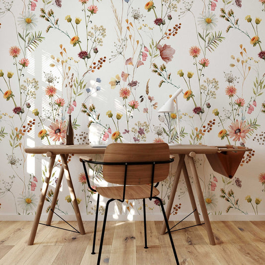 Watercolour Wild Flower Wallpaper | Soft Botanical Field Floral Wall Mural | Little Florals with Grass Wallpaper | Peel and Stick or Traditional