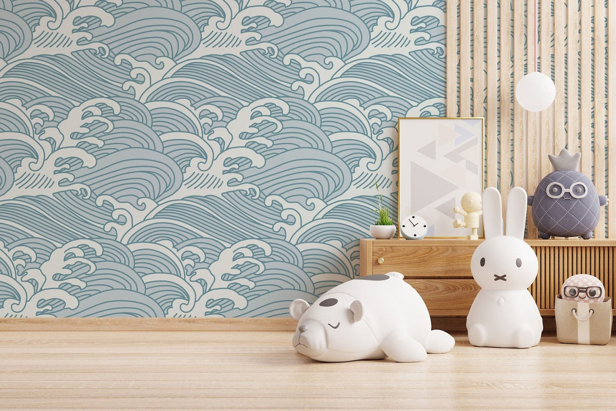 Chinese Waves Wallpaper | Blue-Grey Mural | Eco Friendly Design | Peel and Stick or Traditional