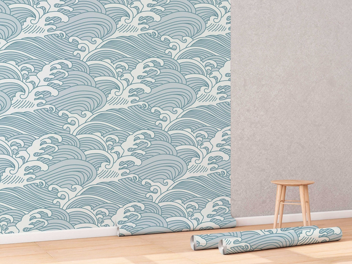 Chinese Waves Wallpaper | Blue-Grey Mural | Eco Friendly Design | Peel and Stick or Traditional