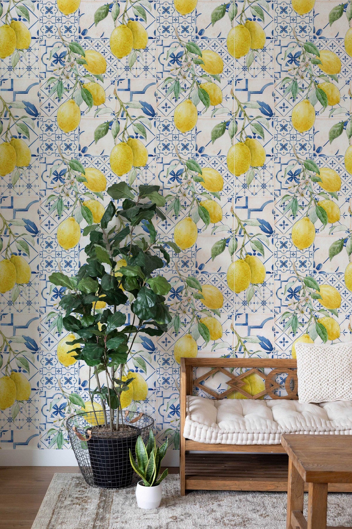 Hand-Drawn Watercolour Lemons and Blue Sicilian Style Tiles Wallpaper | Wall Mural for a Feature Wall Décor | Peel and Stick or Traditional