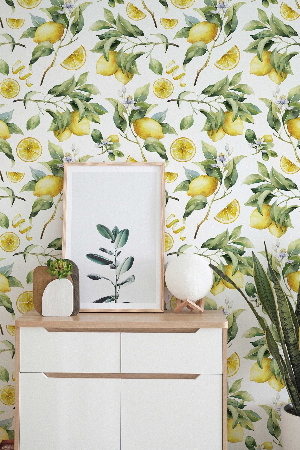 Lemon Branches Wallpaper | Watercolour Lemons and Blossom | Kitchen Wallpaper | Peel and Stick or Traditional