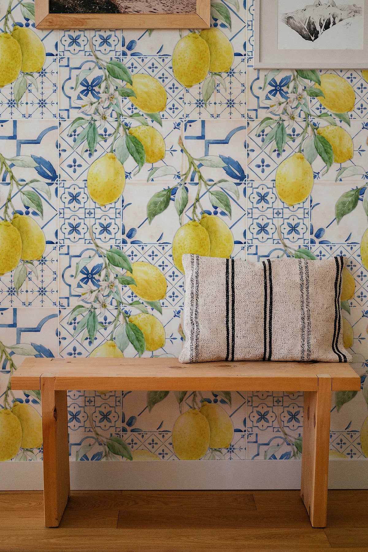 Hand-Drawn Watercolour Lemons and Blue Sicilian Style Tiles Wallpaper | Wall Mural for a Feature Wall Décor | Peel and Stick or Traditional