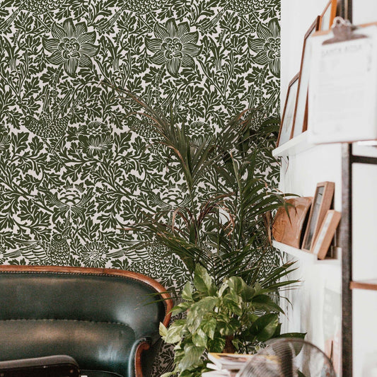 Bird Song Green William Morris Wallpaper | Mural | Feature Wall Decoration | Peel and Stick or Traditional