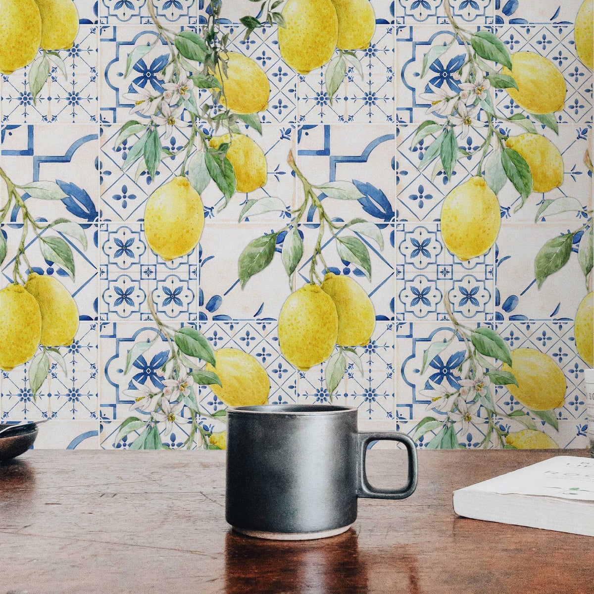 Hand-Drawn Watercolour Lemons and Blue Sicilian Style Tiles Wallpaper | Wall Mural for a Feature Wall Décor | Peel and Stick or Traditional