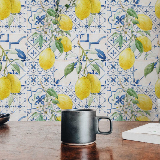 Hand-Drawn Watercolour Lemons and Blue Sicilian Style Tiles Wallpaper | Wall Mural for a Feature Wall Décor | Peel and Stick or Traditional