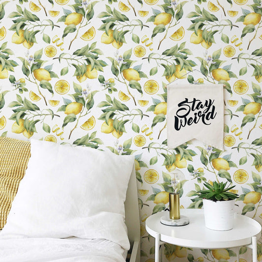 Lemon Branches Wallpaper | Watercolour Lemons and Blossom | Kitchen Wallpaper | Peel and Stick or Traditional