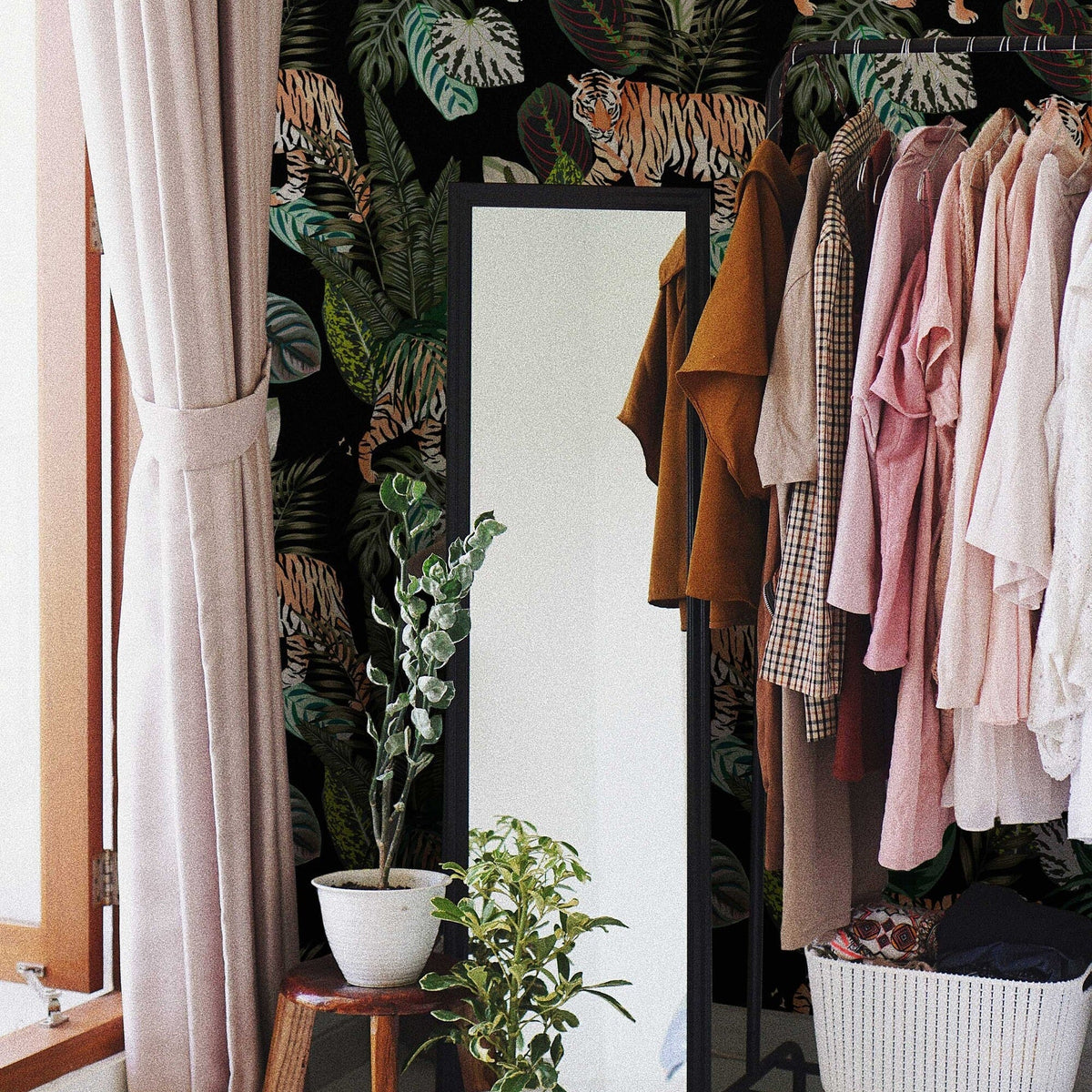 Vintage Botanical Wallpaper | Dark Tropical Plants with Tigers Wall Mural | Peel and Stick or Traditional