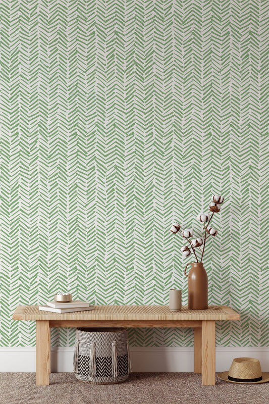 Green Chevron Wallpaper | Herringbone Wall Paper | Geometric Wall Decor | Minimalistic Boho Tribal | Peel and Stick or Traditional