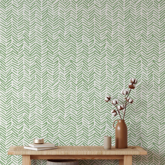 Green Chevron Wallpaper | Herringbone Wall Paper | Geometric Wall Decor | Minimalistic Boho Tribal | Peel and Stick or Traditional