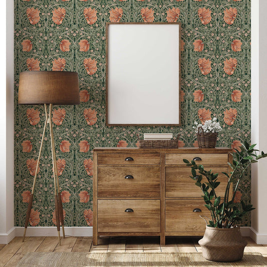 William Morris Pimpernel Pattern Wallpaper | Fabric & Light Canvas Texture Wall Murals | Peel and Stick or Traditional
