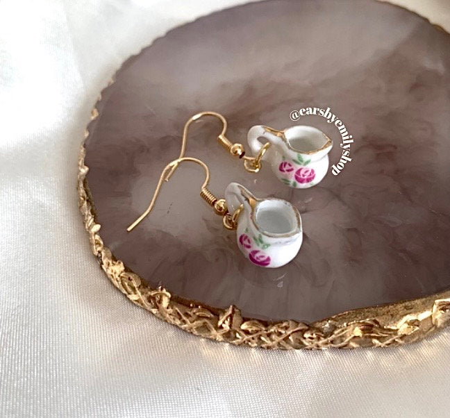 Rose white porcelain rustic tea coffee pot jug gold earrings