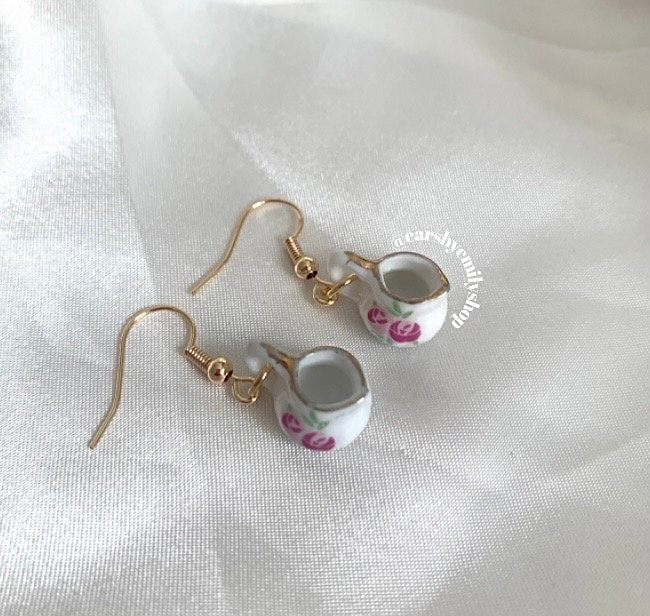 Rose white porcelain rustic tea coffee pot jug gold earrings
