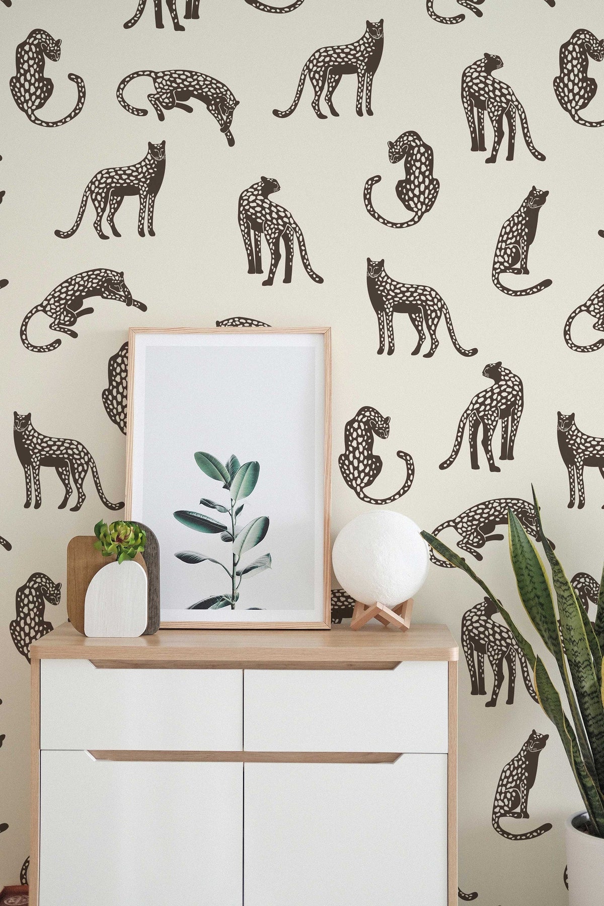 Leopards on Light Cream Background Wallpaper | Tropical Animal Wall Covering | Peel and Stick or Traditional