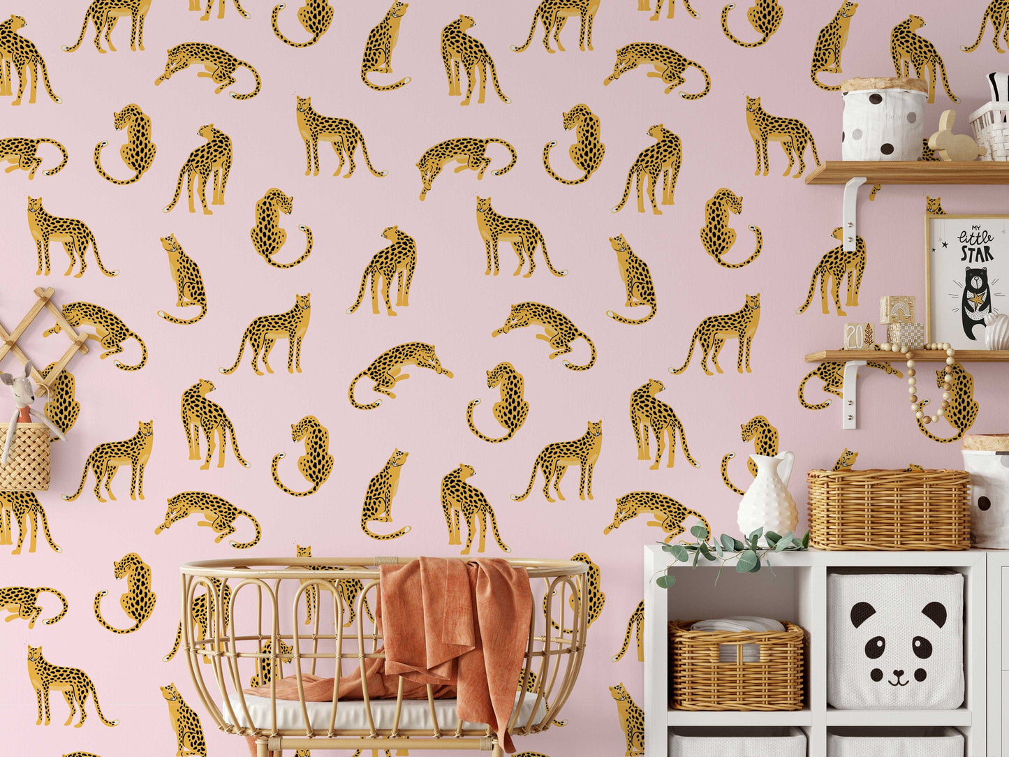 Leopards on Pink Background Removable Wallpaper | Self-Adhesive Fabric | Peel & Stick | Tropical Animal Wall Covering