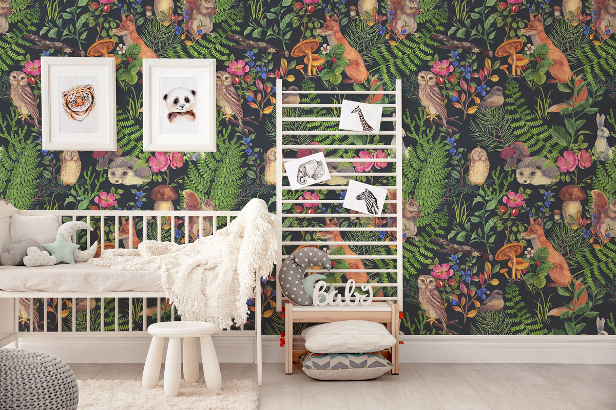Watercolour Forest Animals and Plants Wallpaper | Woodland Cute Animals Design | Peel and Stick or Traditional