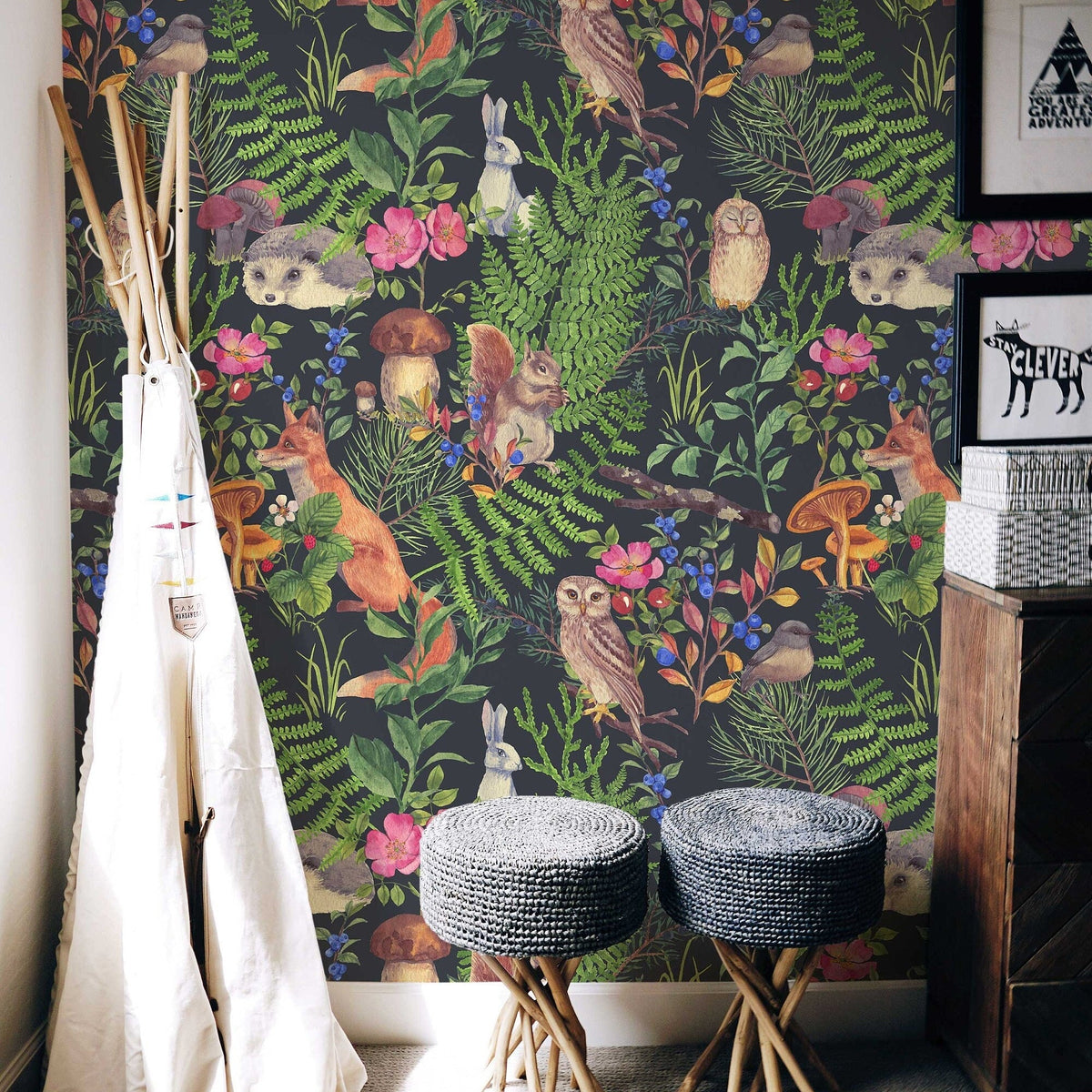 Watercolour Forest Animals and Plants Wallpaper | Woodland Cute Animals Design | Peel and Stick or Traditional