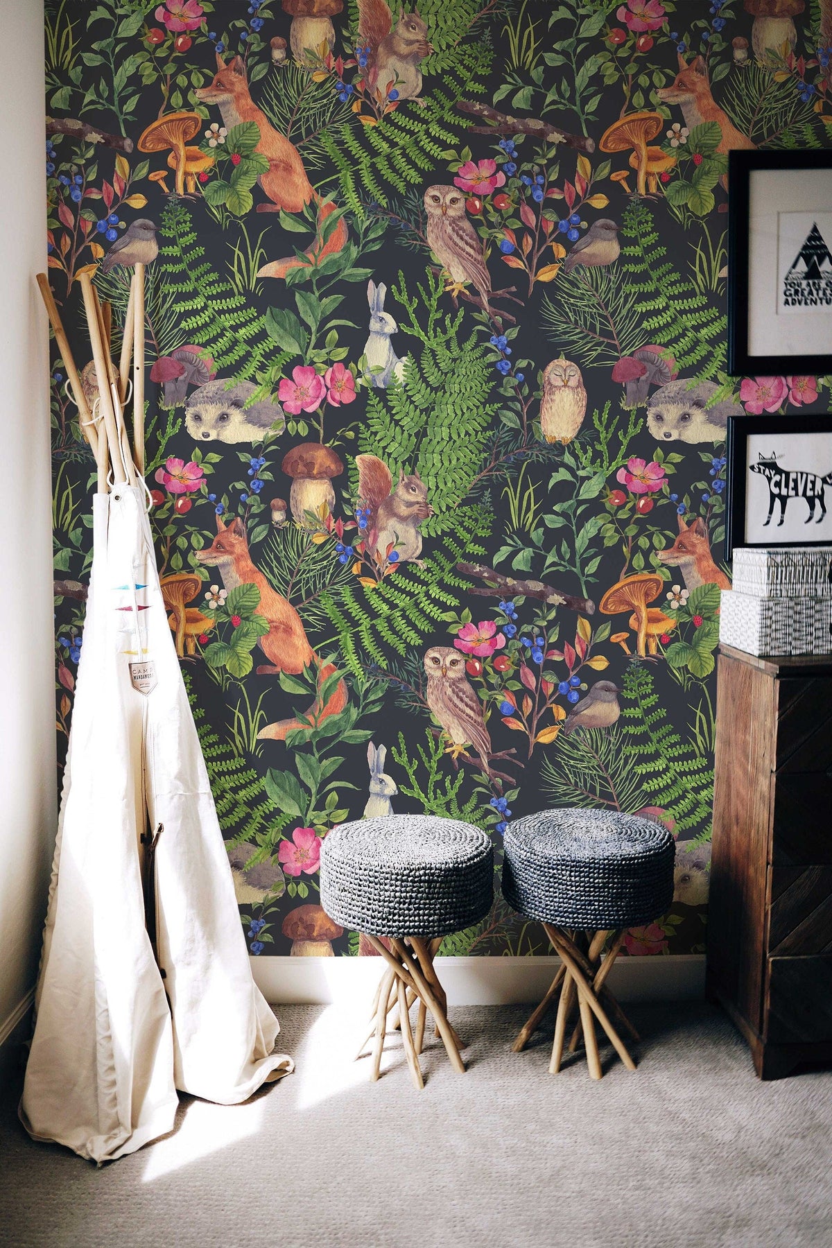 Watercolour Forest Animals and Plants Wallpaper | Woodland Cute Animals Design | Peel and Stick or Traditional