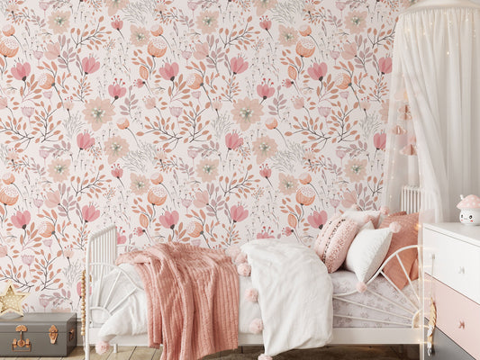 Nursery Floral Wallpaper Peel and Stick Kids Soft Garden Flowers Wall Mural