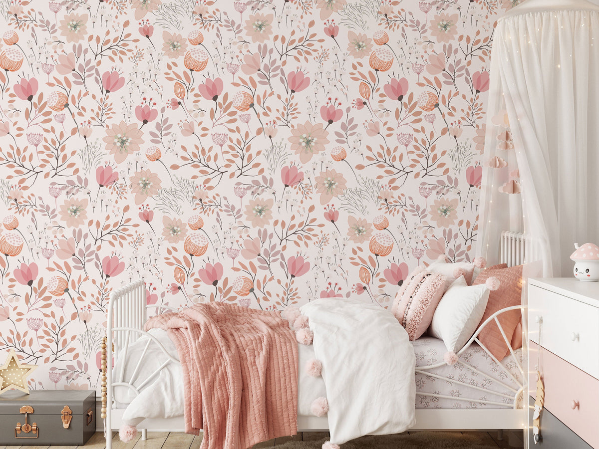 Nursery Floral Wallpaper | Kids Soft Garden Flowers Wall Mural | Peel and Stick or Traditional