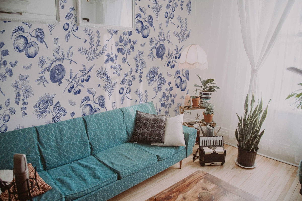 Blue Peach Botanical Wallpaper | Custom Roll | Country Style Decor | Peel and Stick or Traditional