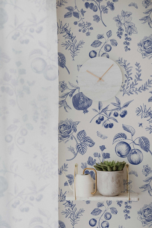 Blue Peach Botanical Wallpaper | Removable Peel and Stick | Custom Roll | Self Adhesive | Country Style Decor