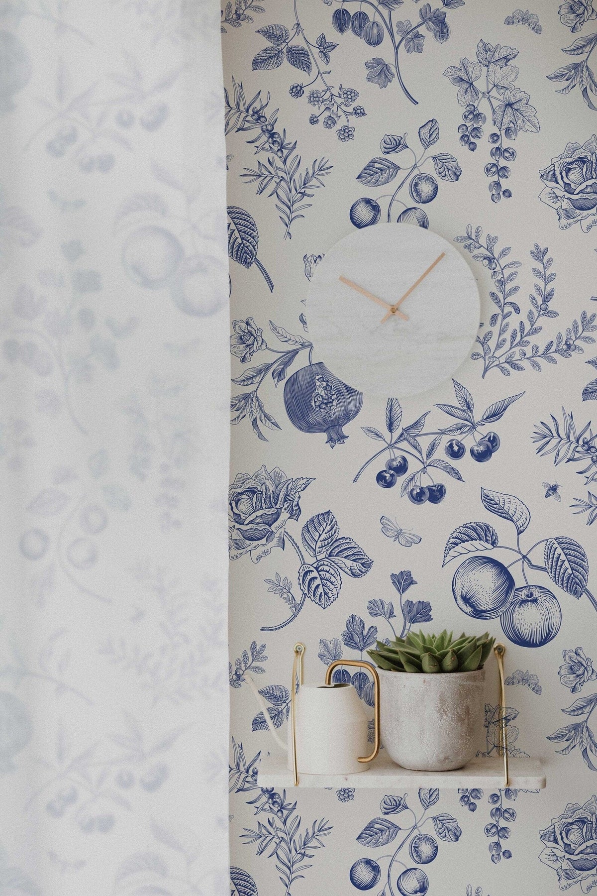 Blue Peach Botanical Wallpaper | Custom Roll | Country Style Decor | Peel and Stick or Traditional