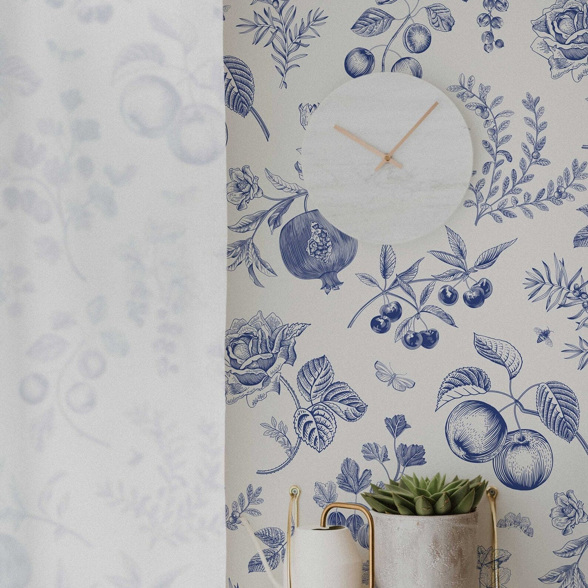 Blue Peach Botanical Wallpaper | Custom Roll | Country Style Decor | Peel and Stick or Traditional