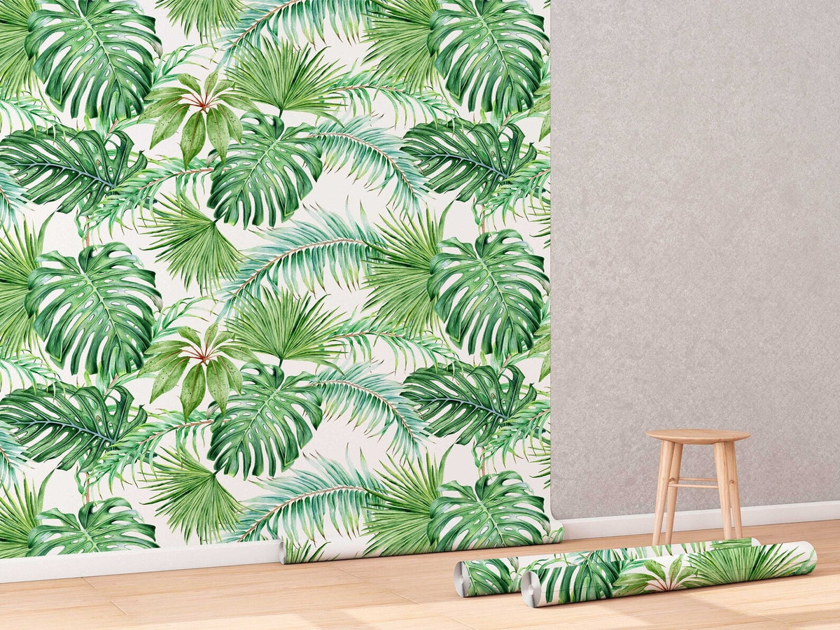 Tropical Leaves Wallpaper | Monstera Palms Mural | Eco Friendly Wall Decor | Peel and Stick or Traditional