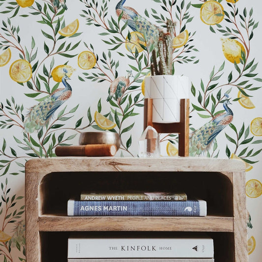 Chinoiserie Wallpaper | Watercolour Peacock with Tree Wall Mural | Floral Wallpaper | Peel and Stick or Traditional