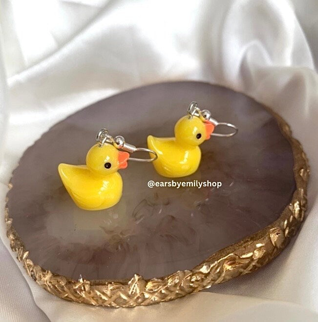 Yellow rubber duck silver dangle earrings