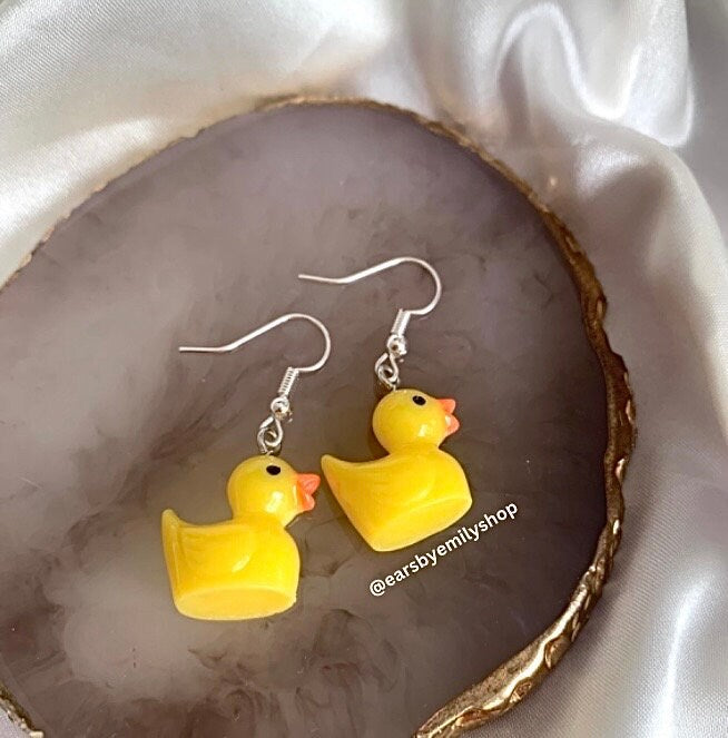 Yellow rubber duck silver dangle earrings
