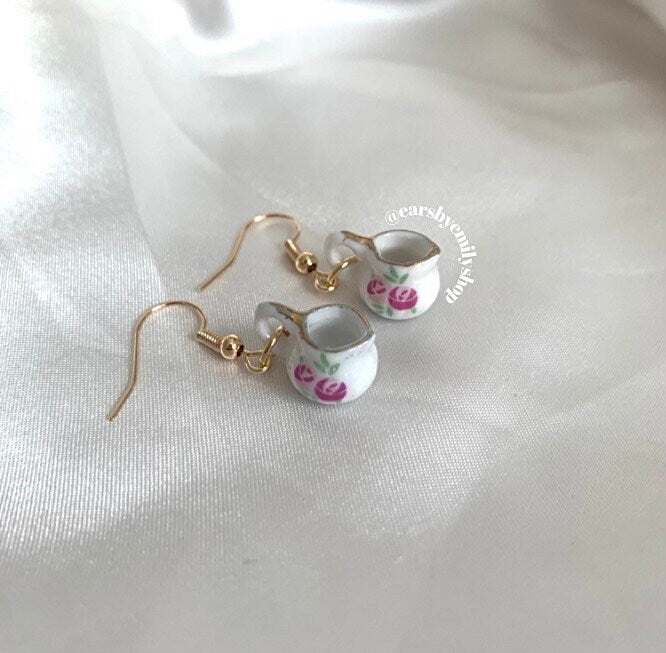 Rose white porcelain rustic tea coffee pot jug gold earrings