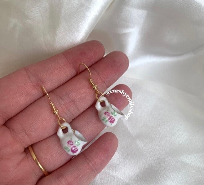 Rose white porcelain rustic tea coffee pot jug gold earrings