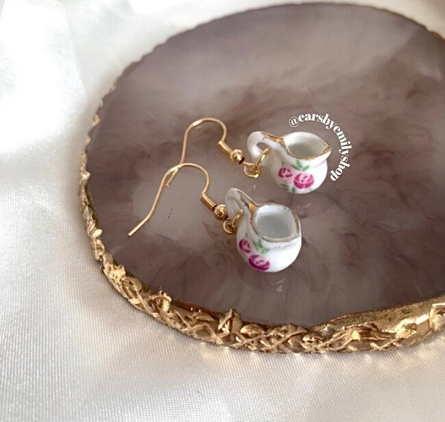 Rose white porcelain rustic tea coffee pot jug gold earrings