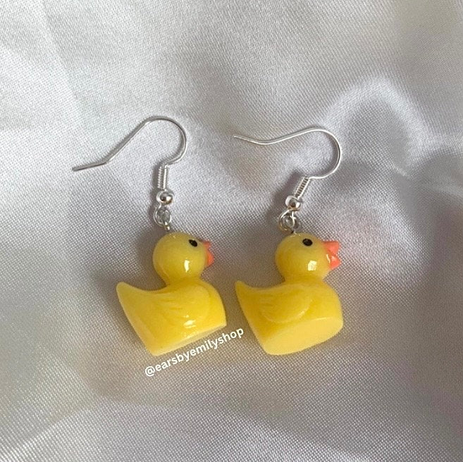 Yellow rubber duck silver dangle earrings