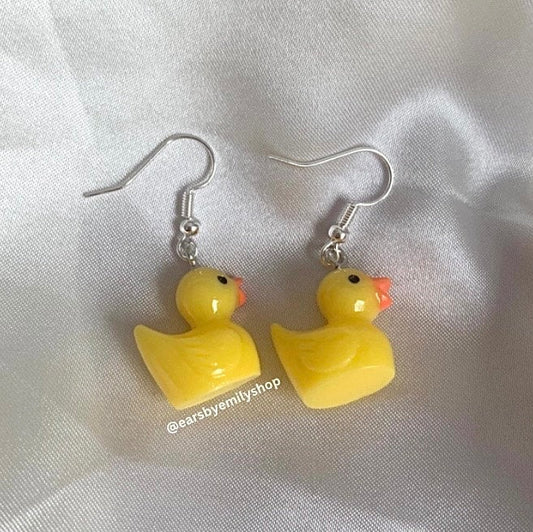 Yellow rubber duck silver dangle earrings